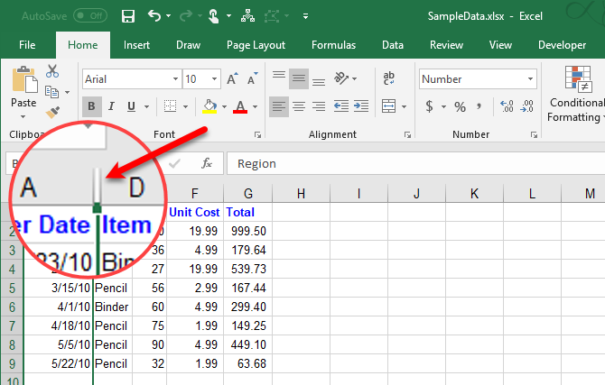 Hide columns in Excel