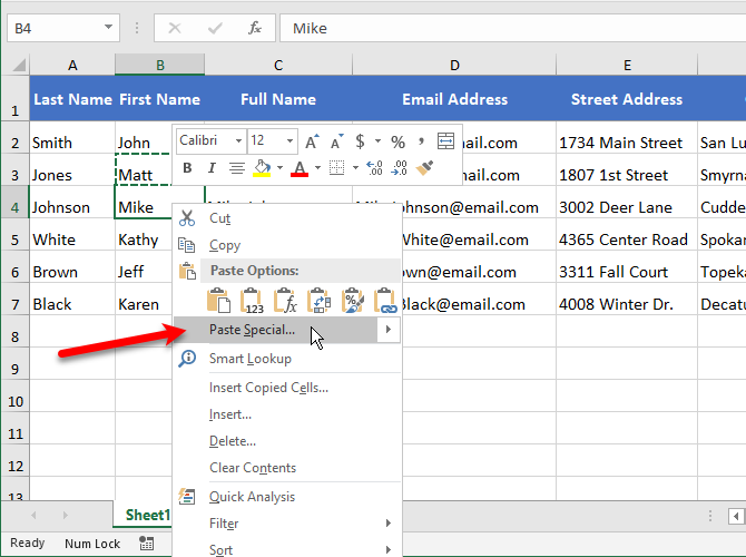 Select Paste Special in Excel