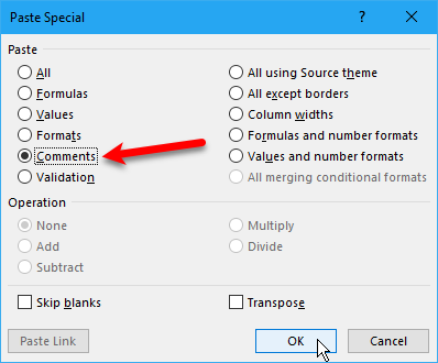 Select Comments on Paste Special dialog box in Excel
