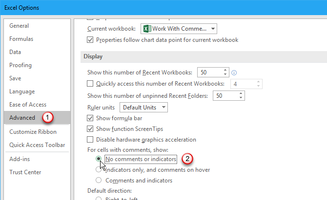 Turn off Excel comments and indicators