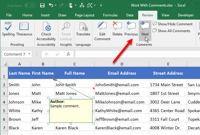 Review Excel comments using the Previous and Next buttons