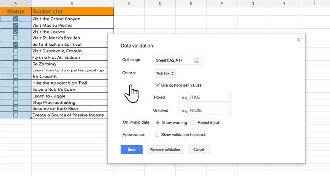 Validation of a Tick box in Google Sheets with Custom Values