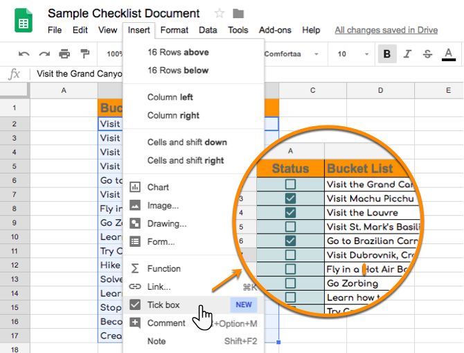 Insert a Tick box in Google Sheets