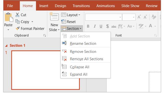 Beginner's Guide to Microsoft PowerPoint - Section Options