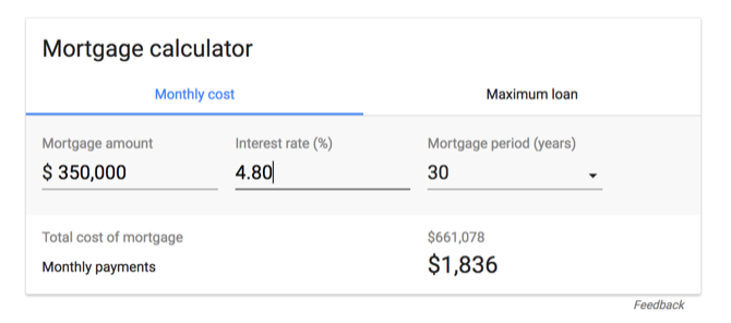 Mortgage calculator in Google's results page