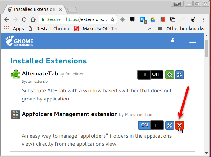 Uninstall an extension on the GNOME Extensions website
