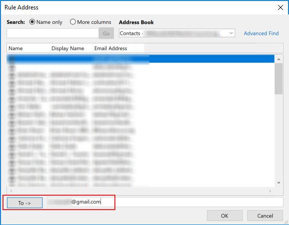 Outlook выбирает адрес пересылки