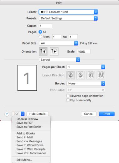 how to convert webpage to pdf - macOS dialog box