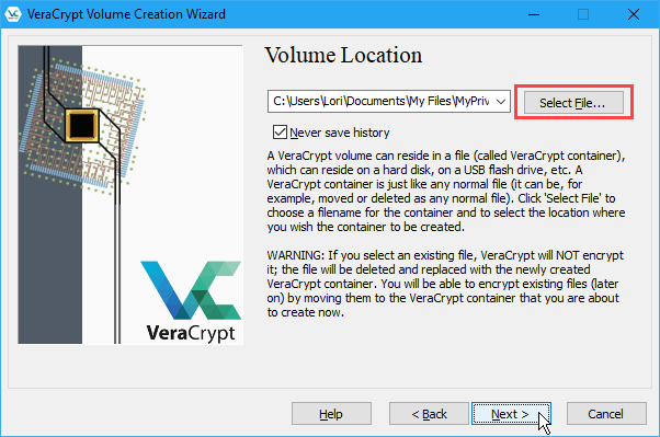 Select the Volume Location and volume file name