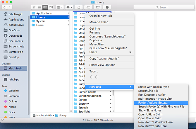 choose the folder actions setup to bind the script Mac