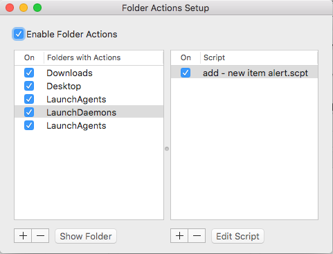 folder actions setup from the dialog window Mac