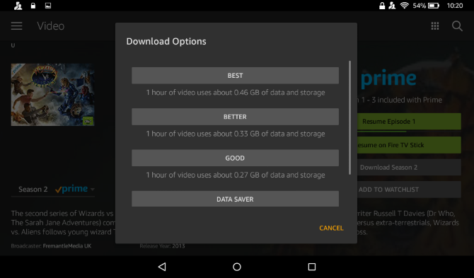Different quality options are available for downloading video to Fire tablets