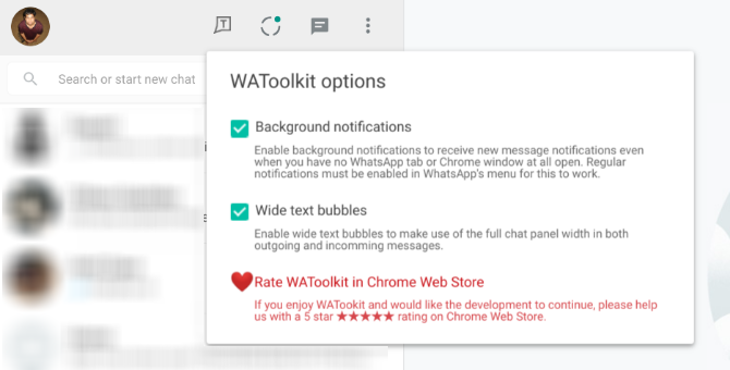 WAToolkit is a Chrome Extension that makes up for missing WhatsApp Web features