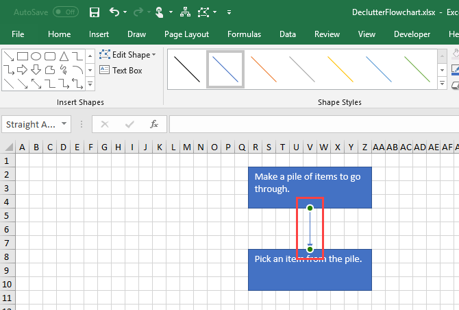 Draw a connector line on a flowchart in Excel