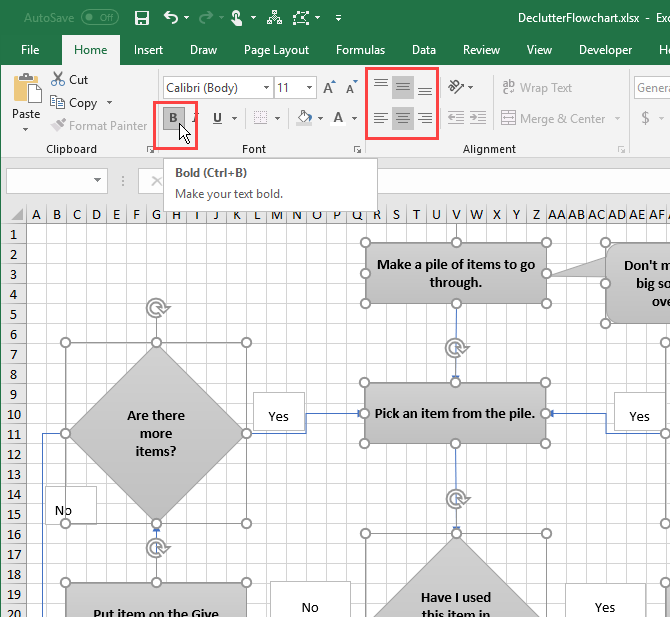Format text in shapes using the Home tab in Excel