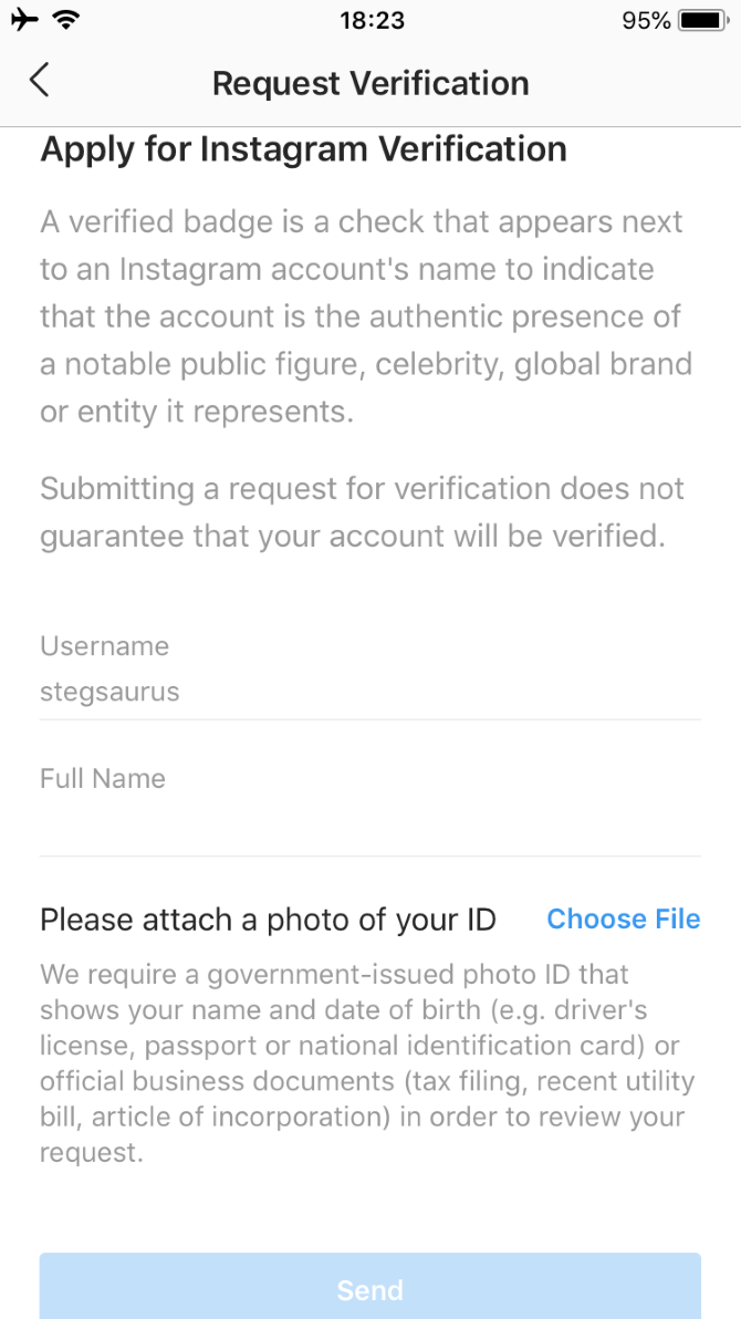 on this page you ll see some basic information about verification to proceed with the request you ll need to enter your full name and upload a pictu!   re of - how to get a verified badge on instagram account using html editing