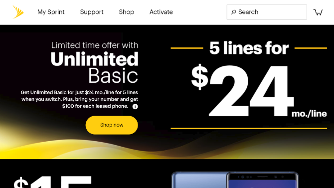 A screenshot of the Sprint homepage in September 2018