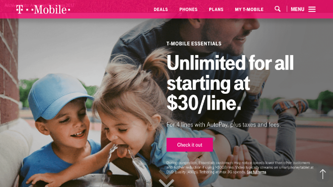 A screenshot of the T-Mobile homepage in September 2018