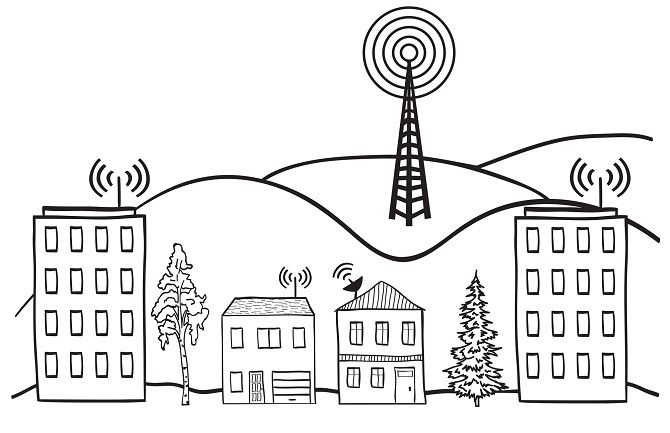 Drawing Of Wireless Signals Broadcasting From Multiple Buildings