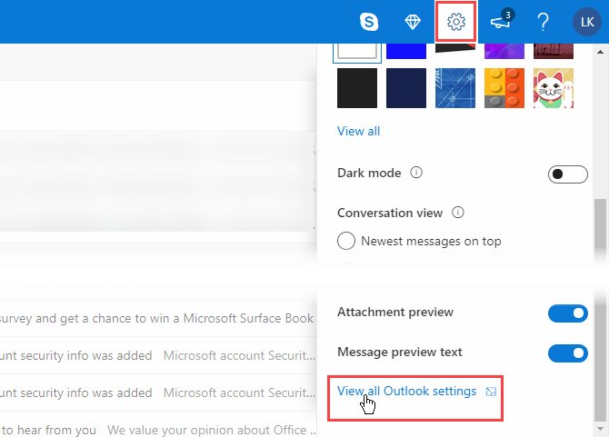 Click View all Outlook settings in the Outlook Web App