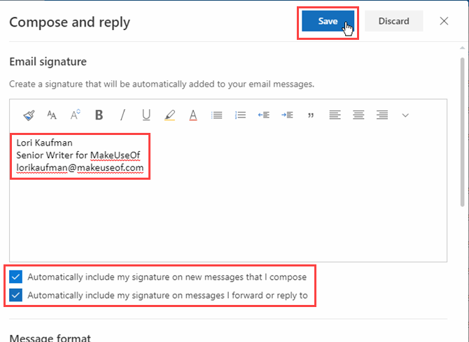Create a signature and click Save in Outlook in Office 365