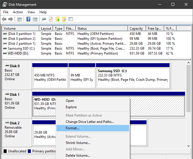 Windows Disk Management Format Device