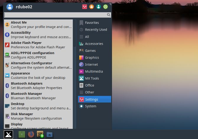mx linux settings menu