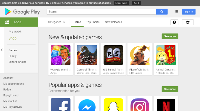 Google Play in web browser