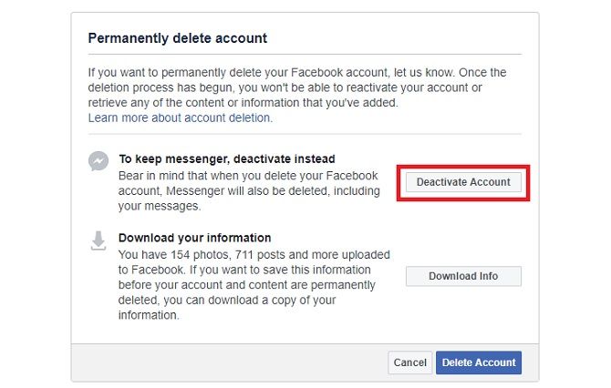 Facebook advises you deactivate your account if you carry on using Messenger