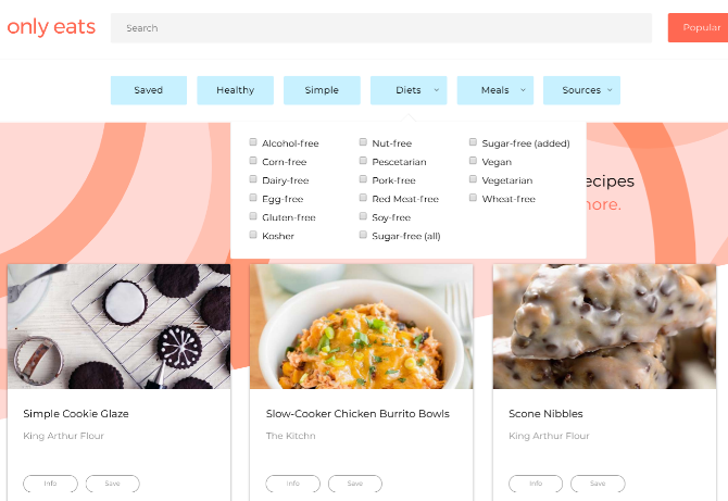 Only Eats has the web's most popular recipes right now, with nutritional information