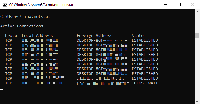 Comando Netstat eseguito su Windows.