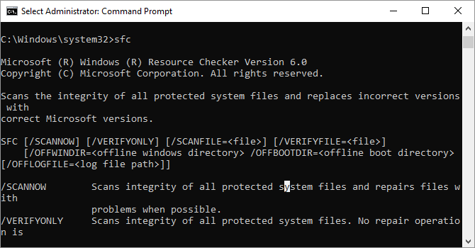 Opzioni del comando sfc di Controllo file di sistema disponibili su Windows 10.