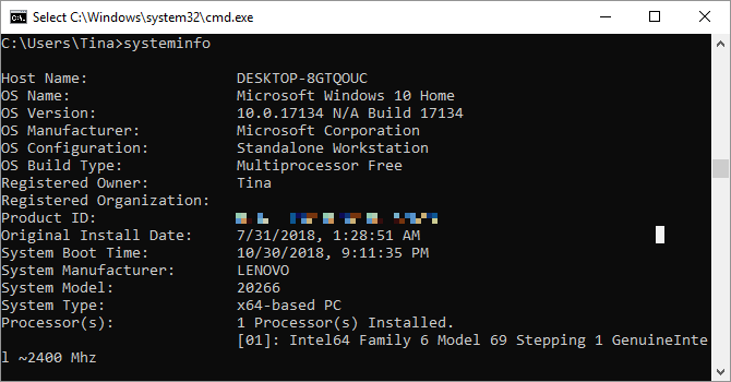 Comando Systeminfo come visto su Windows 10.