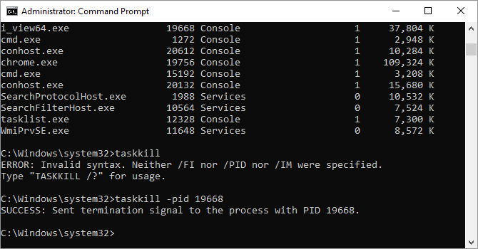 Opzioni di comando Taskkill disponibili su Windows 10.
