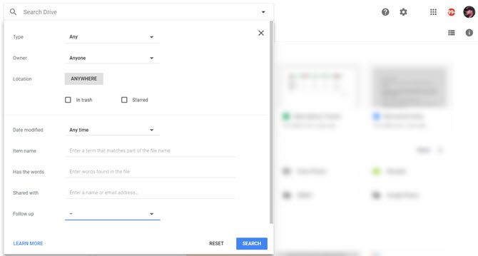 Filtros de búsqueda de Google Drive