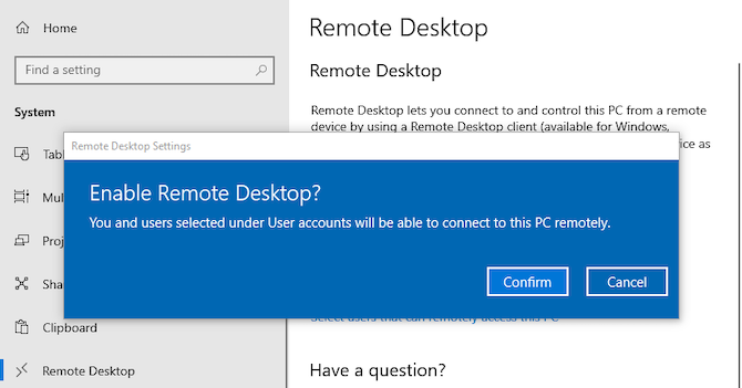 enable remote desktop on Windows 10