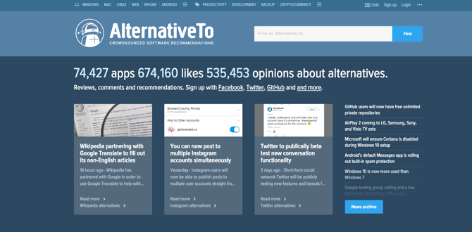 AlternativeTo screenshot