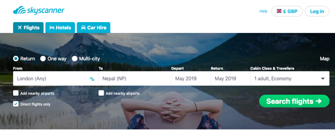 SkyScanner Home Page