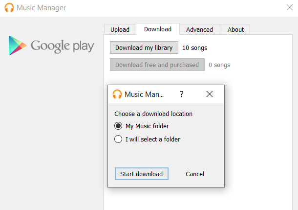 Страница загрузки музыкального менеджера Google