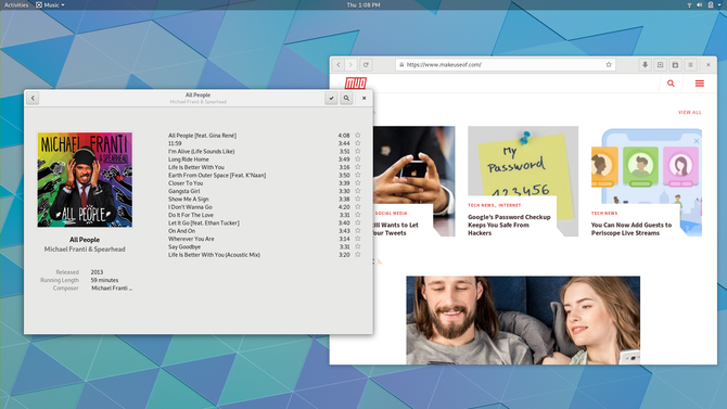 Área de trabalho GNOME exibindo aplicativos GNOME Music e Web