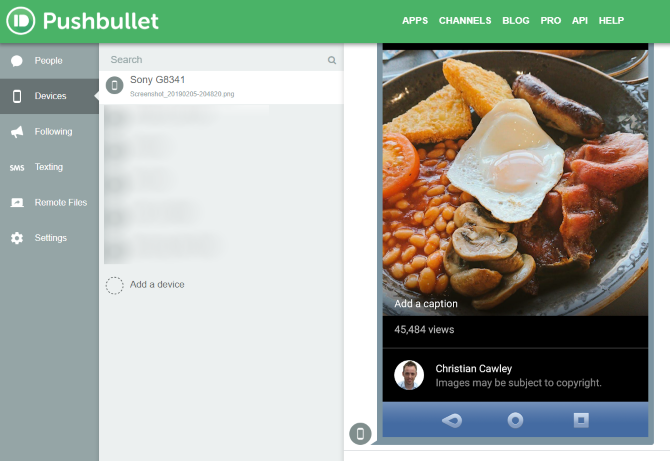 Pushbullet web client displays files that have been shared from Android to your PC