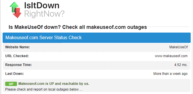 screen capture of IsItDown for MakeUseOf