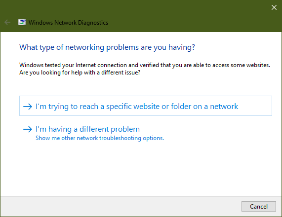 Windows Network Troubleshooter "I'm trying to reach a specific website or folder on a network"