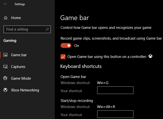 Windows 10 Game Bar Settings
