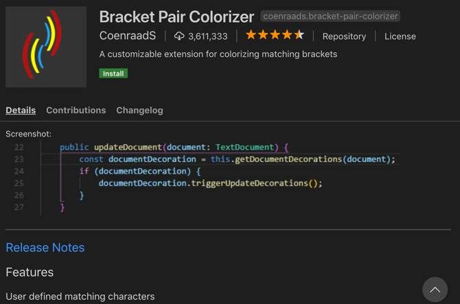 Bracket Pair Colorizer extension for Visual Studio Code