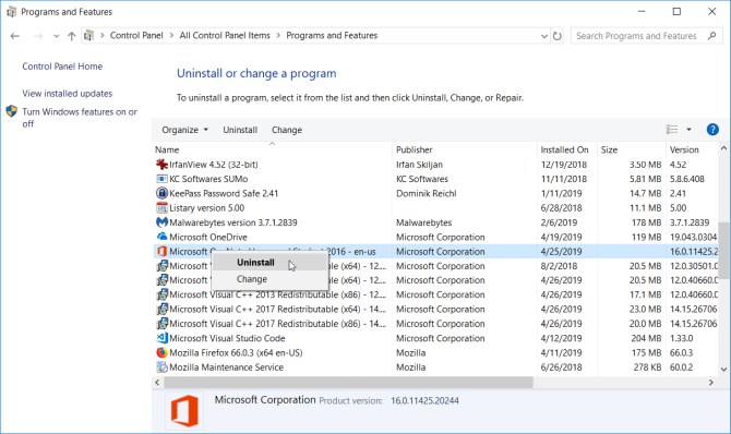 uninstall microsoft office from Control Panel