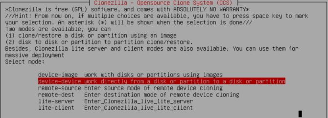 clonezilla select disk and device