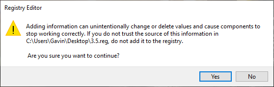 windows registry import key warning