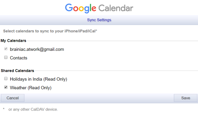  Страница синхронизации Календаря Google 