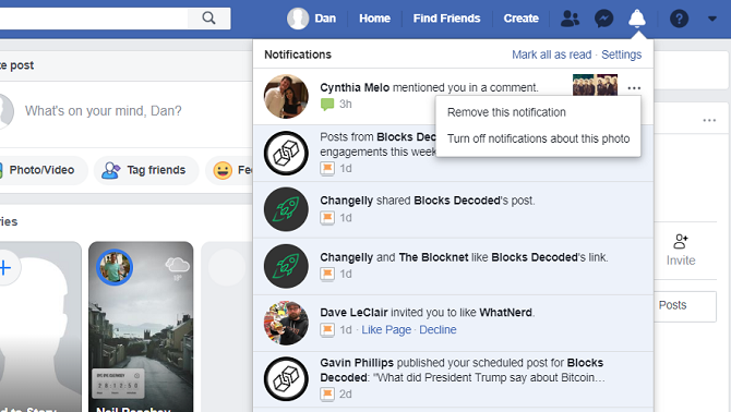 facebook remove notification menu options